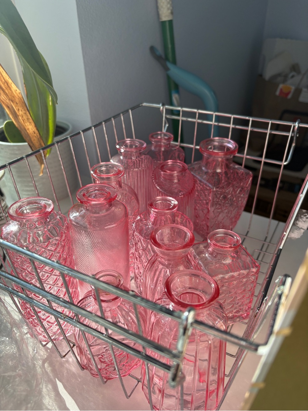 Set of Pink Glass Bud Vases - 12pc